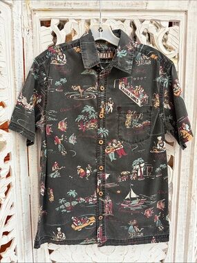 Kahala Lines Charcoal Black Fiesta Vintage Tiki Hawaiian Button Up Surf Shirt XS
